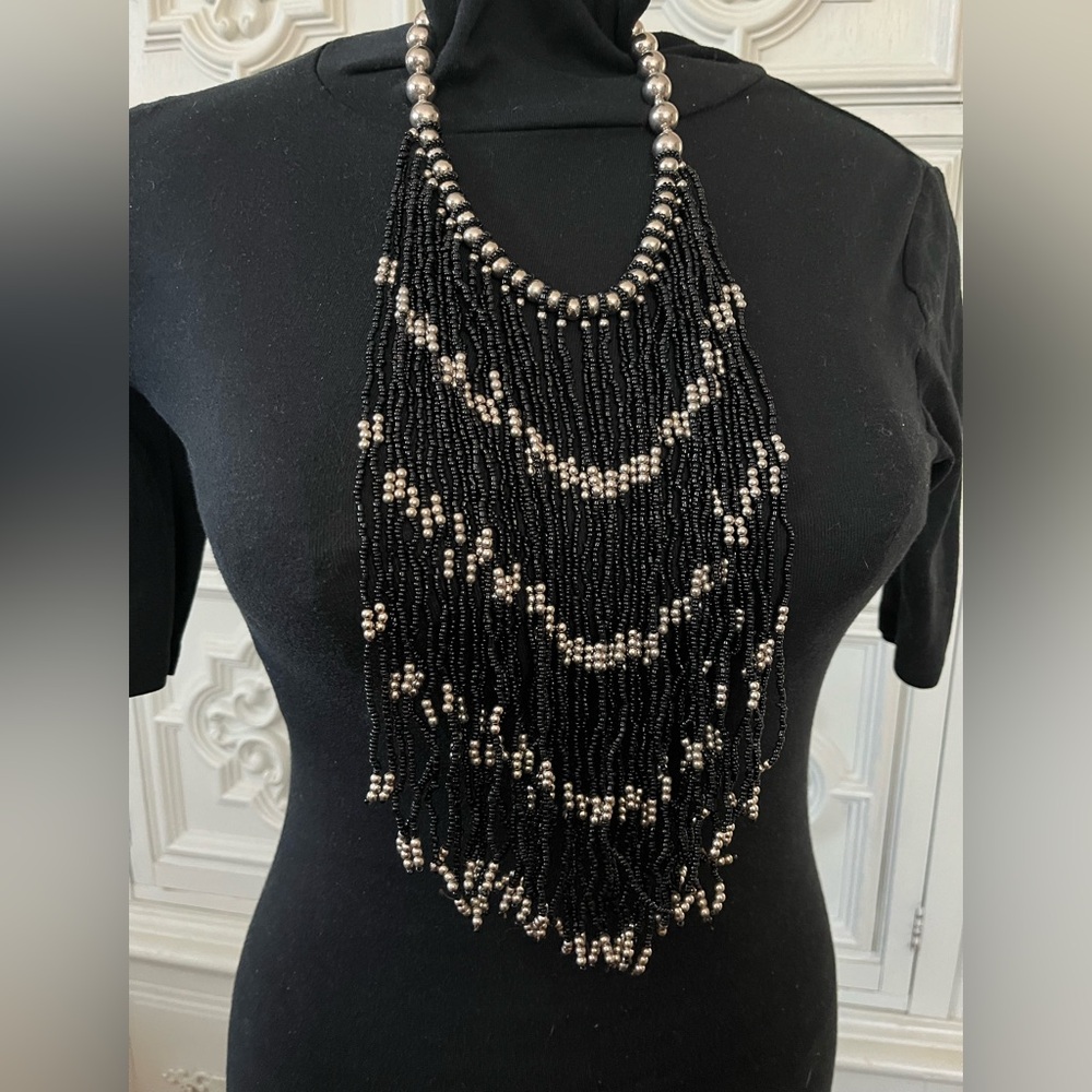 Beaded, Boho, Egyptian styled necklace Black and silver